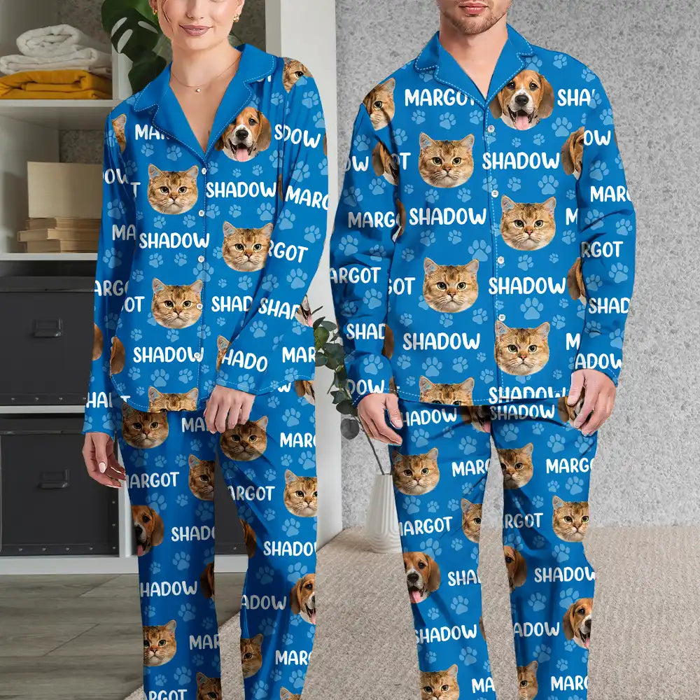 Custom Photo Funny Pet Face Pattern Dog Cat Family - Personalized Long Pajamas Set