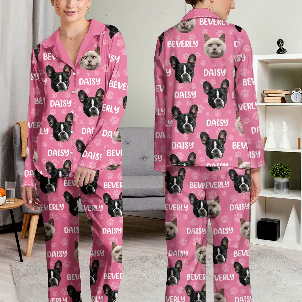 Custom Photo Funny Pet Face Pattern Dog Cat Family - Personalized Long Pajamas Set