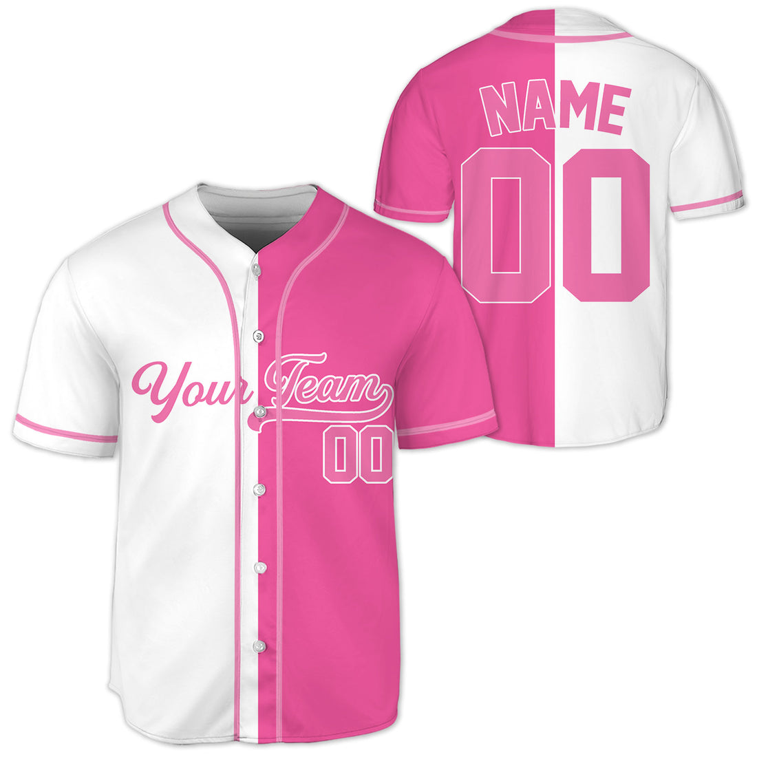 Personalized-Team-Name-And-Number-Baseball-Jersey-Custom-Design-Pink-Color-Collection-Pink-White-Half-And-Half