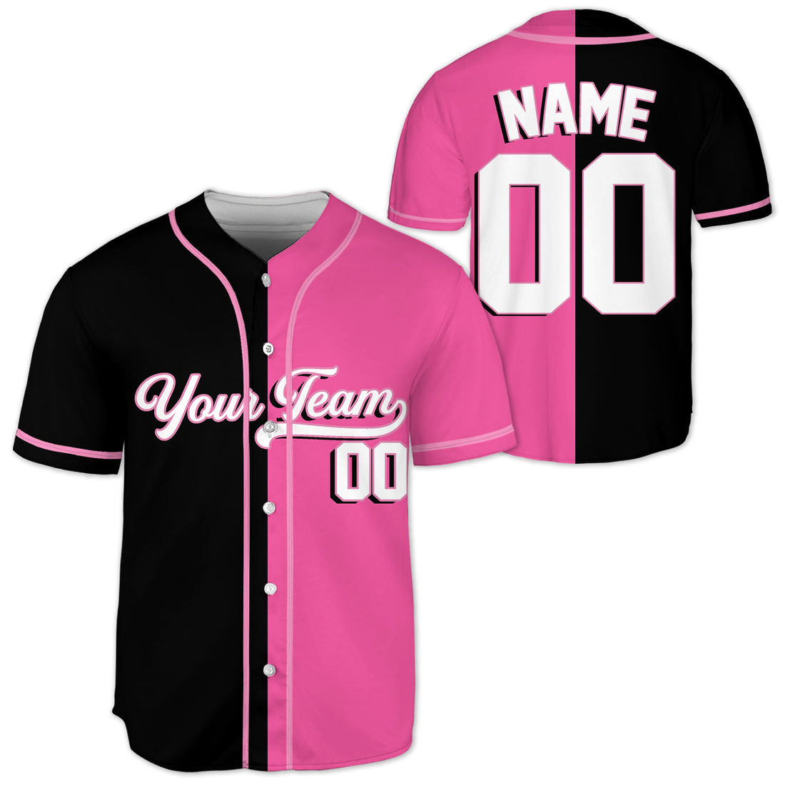 Personalized-Team-Name-And-Number-Baseball-Jersey-Custom-Design-Pink-Color-Collection-Pink-Black-Half-And-Half
