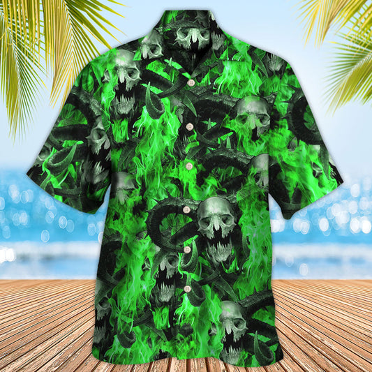 Skull Green Flame Burn - Hawaiian Shirt  - Owl Ohh