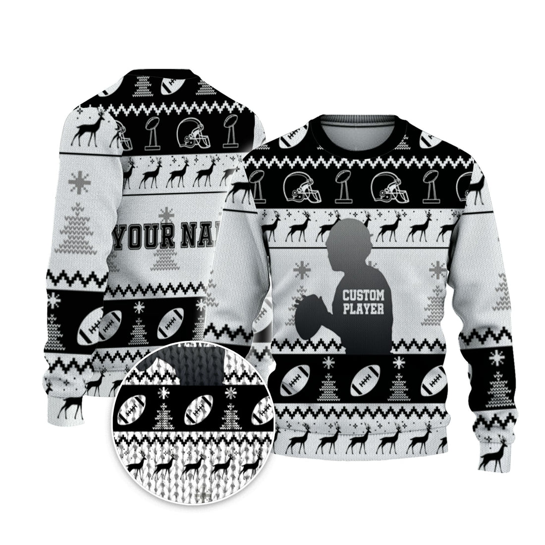 customized-player-american-football-ugly-christmas-sweater-black-and-white-las-vegas-vdd40-4537