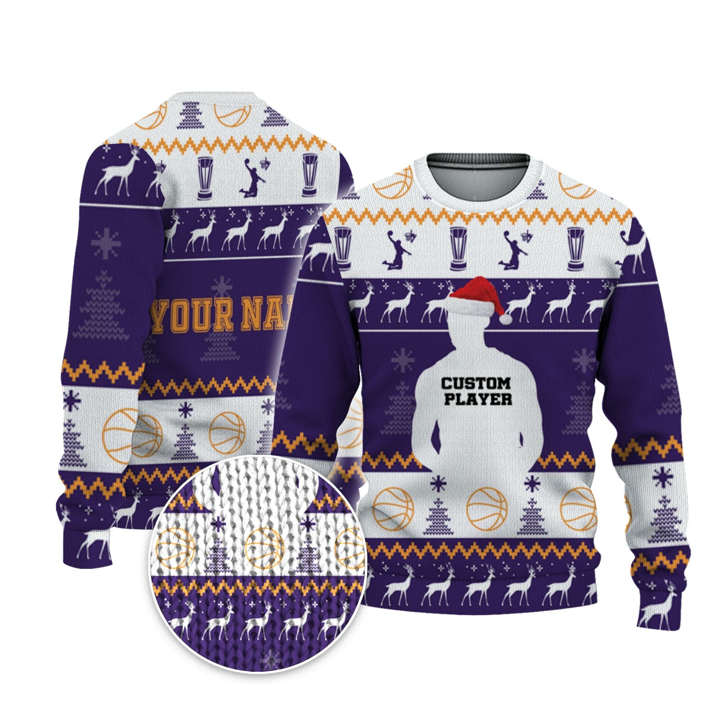 customized-player-basketball-ugly-christmas-sweater-purple-yellow-and-white-phoenix-vdd37-9496