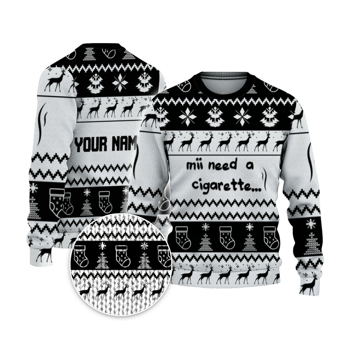 personalized-mii-need-a-cigarette-christmas-holiday-ugly-sweater-black-and-white-vdd57-9518