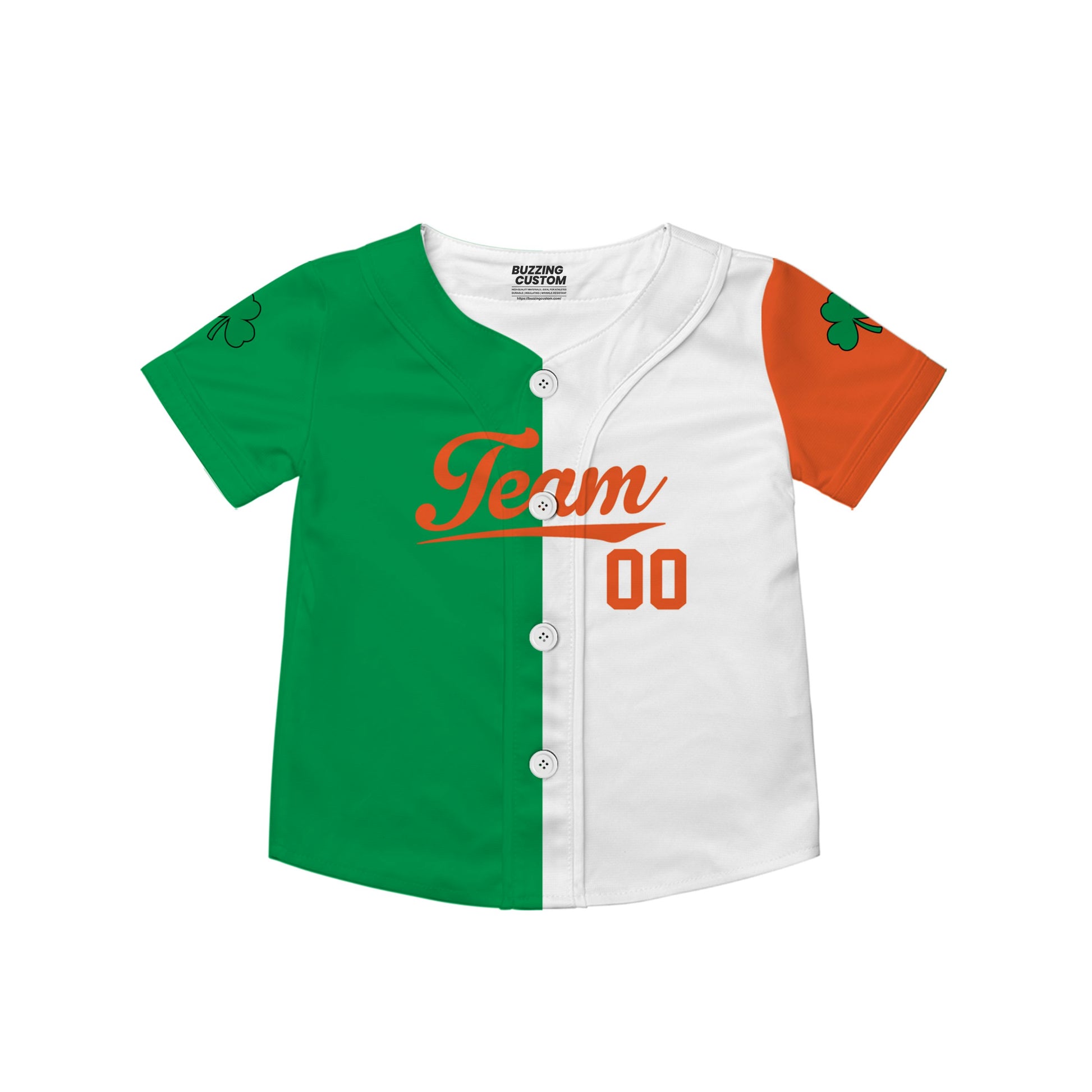 Custom Unisex Green Orange White St. Patrick's Day Kid Baseball Jersey 