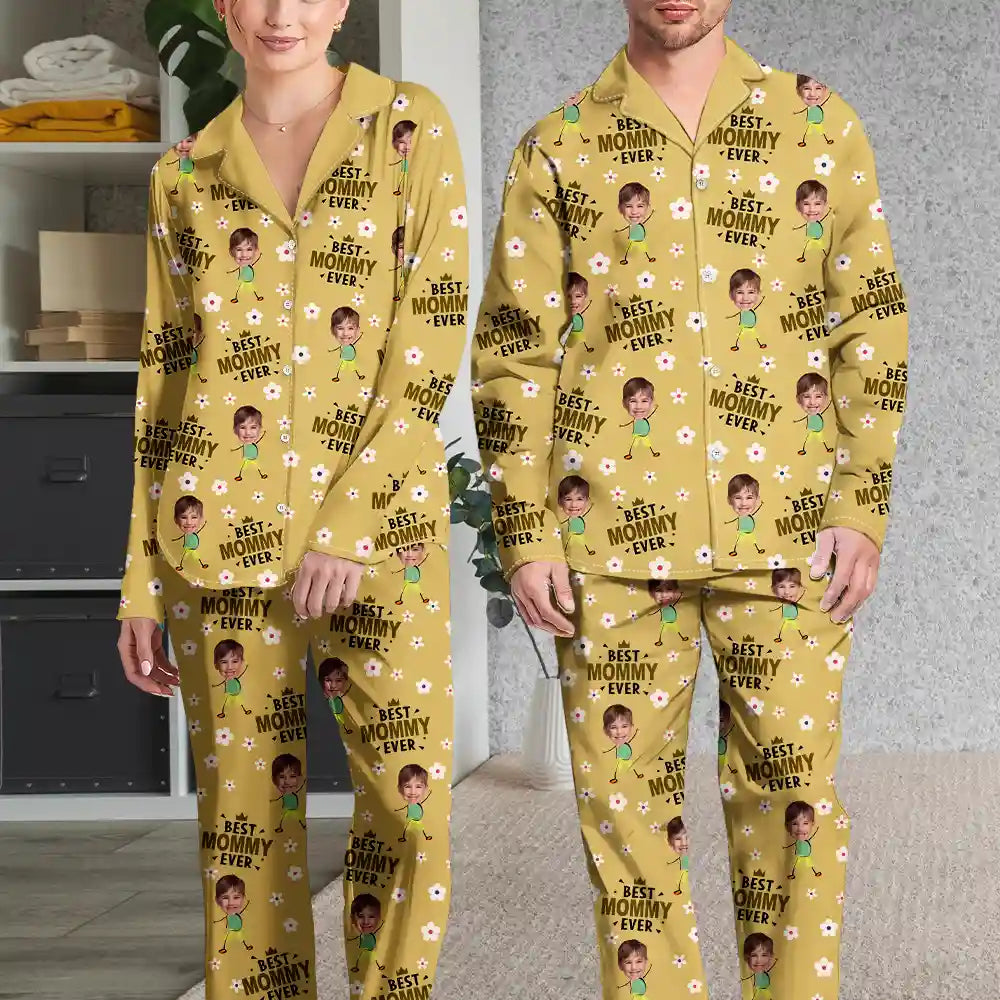 Custom Photo Best Mom Grandma Ever Flower Pattern - Personalized Long Pajamas Set