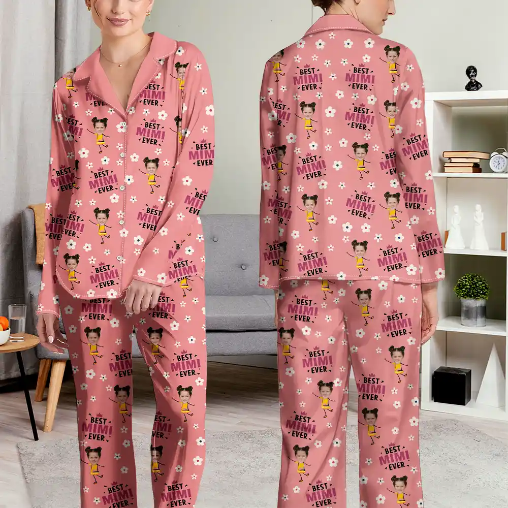 Custom Photo Best Mom Grandma Ever Flower Pattern - Personalized Long Pajamas Set