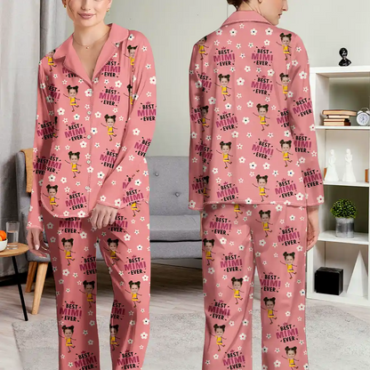 Custom Photo Best Mom Grandma Ever Flower Pattern - Personalized Long Pajamas Set
