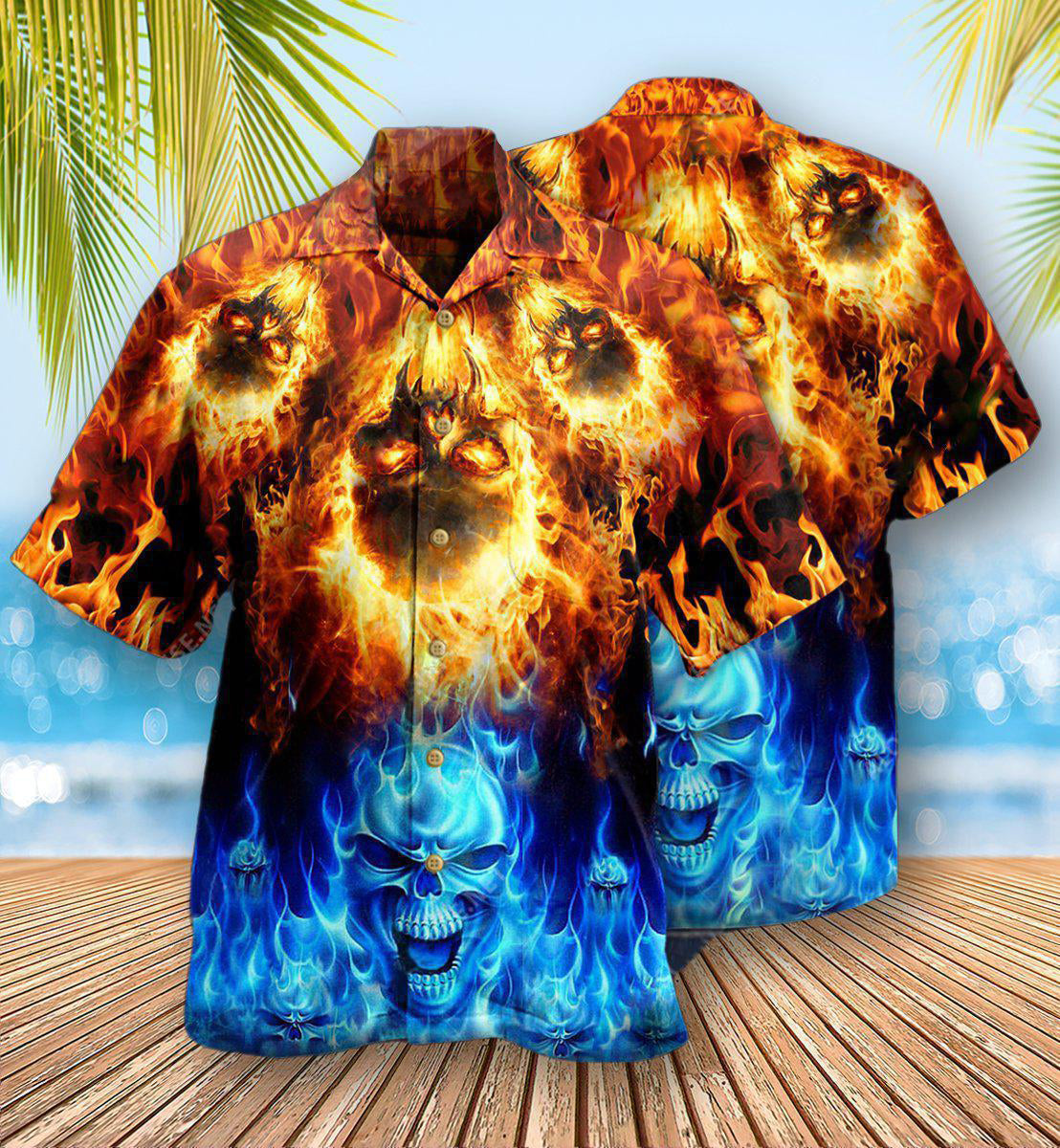 Skull Fire Burning Forever Fire And Water - Hawaiian Shirt  - Owl Ohh