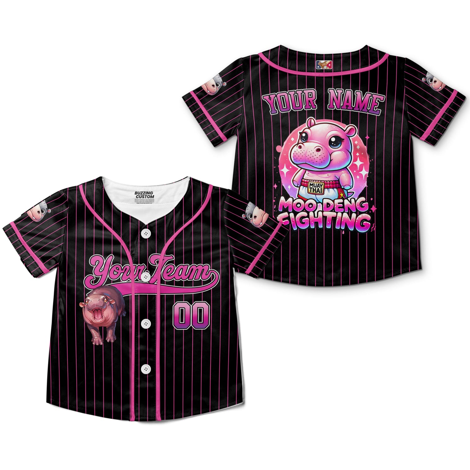 personalize-moo-deng-fighting-cute-striped-black-pink-baseball-jersey-i2-6694