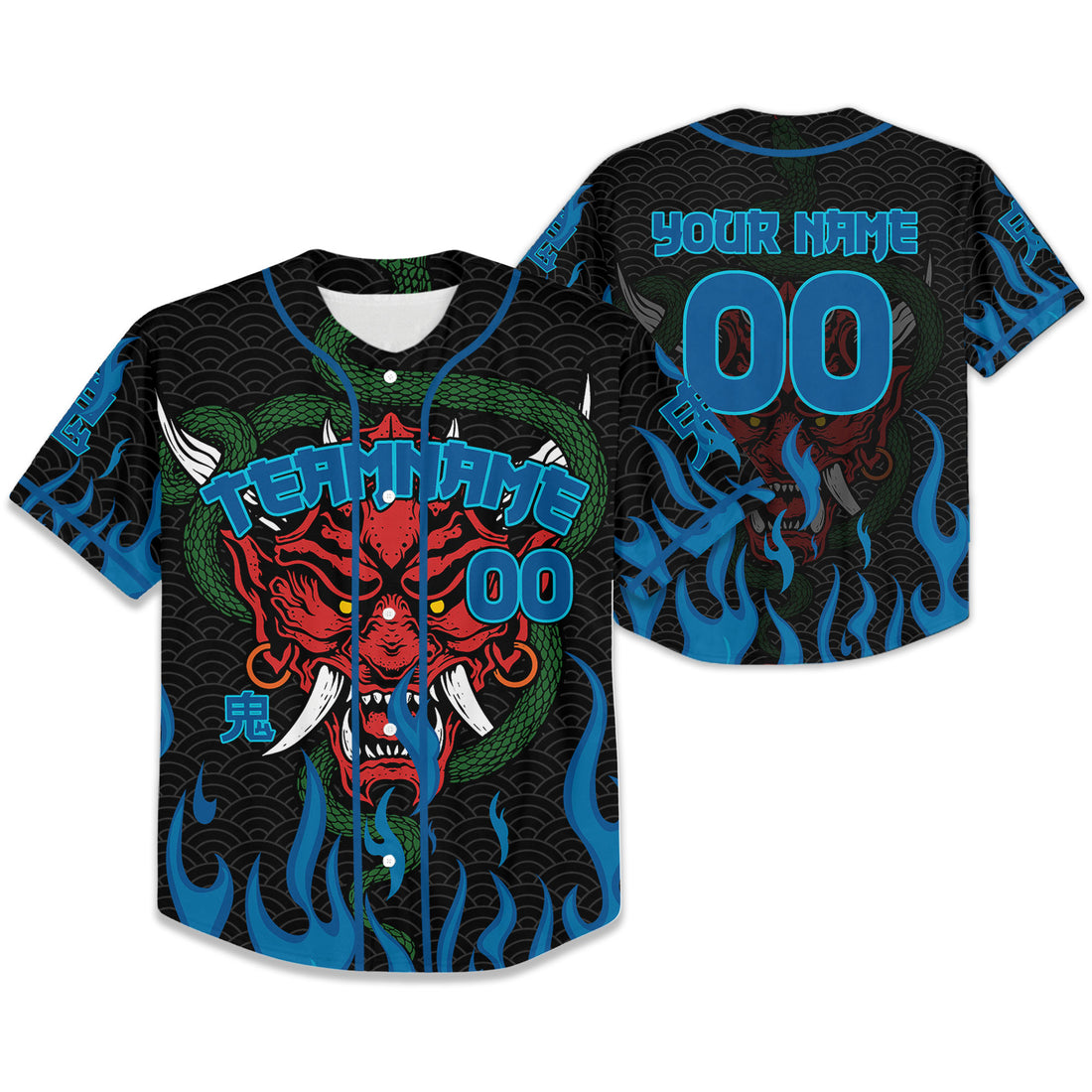 Custom Baseball Team Name And Number Oni Mask With Snake And Fire Blue Style