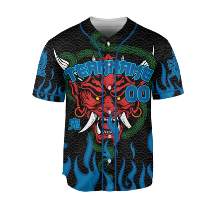 Custom Baseball Team Name And Number Oni Mask With Snake And Fire Blue Style