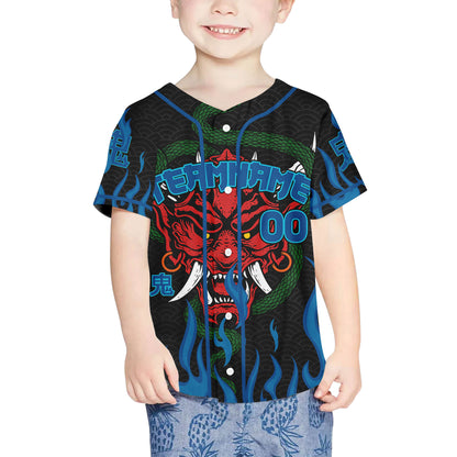 Custom Baseball Team Name And Number Oni Mask With Snake And Fire Blue Style