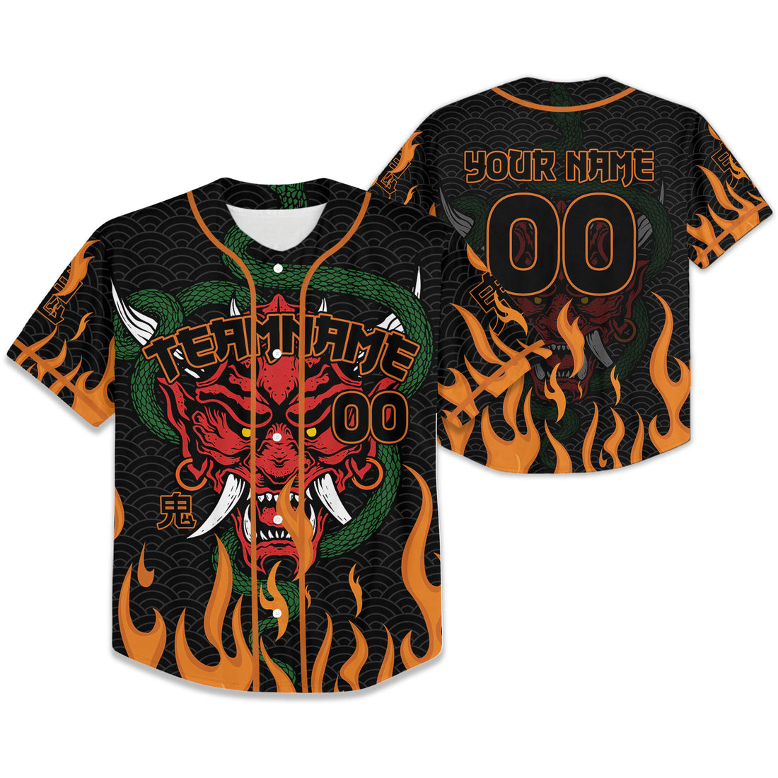 Custom Baseball Team Name And Number Oni Mask With Snake And Fire Orange Style