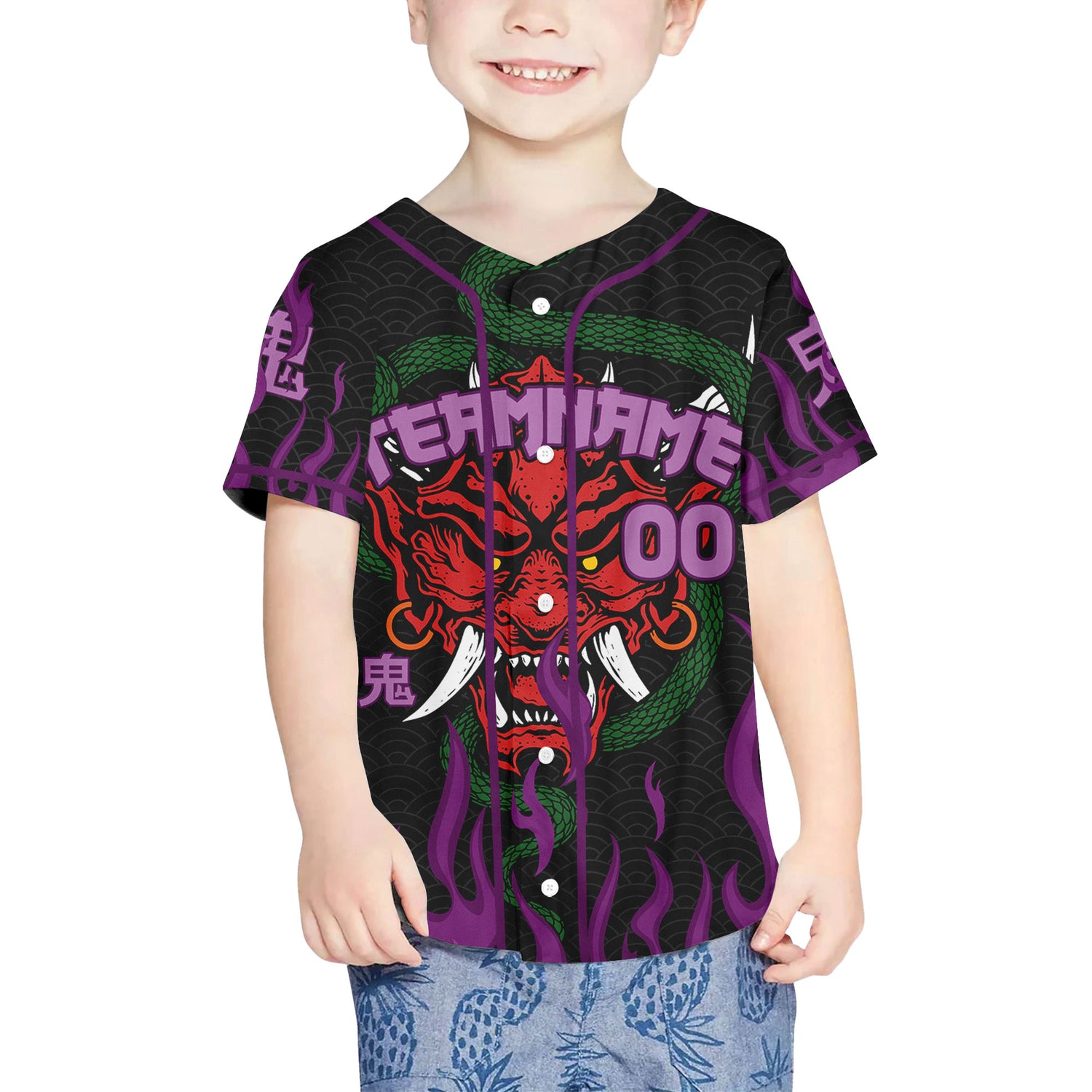 Custom Baseball Team Name And Number Oni Mask With Snake And Fire Purple Style