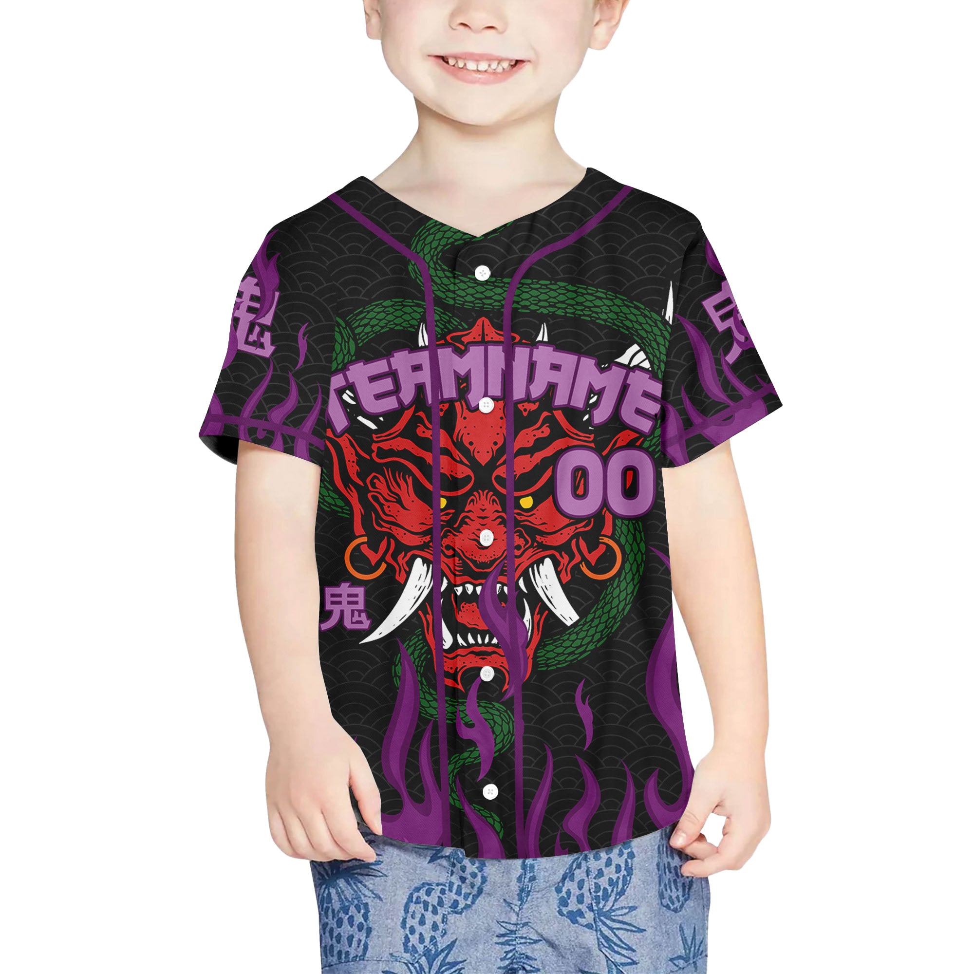 Custom Baseball Team Name And Number Oni Mask With Snake And Fire Purple Style