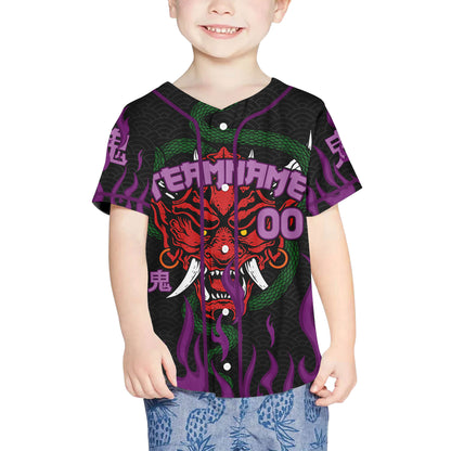 Custom Baseball Team Name And Number Oni Mask With Snake And Fire Purple Style