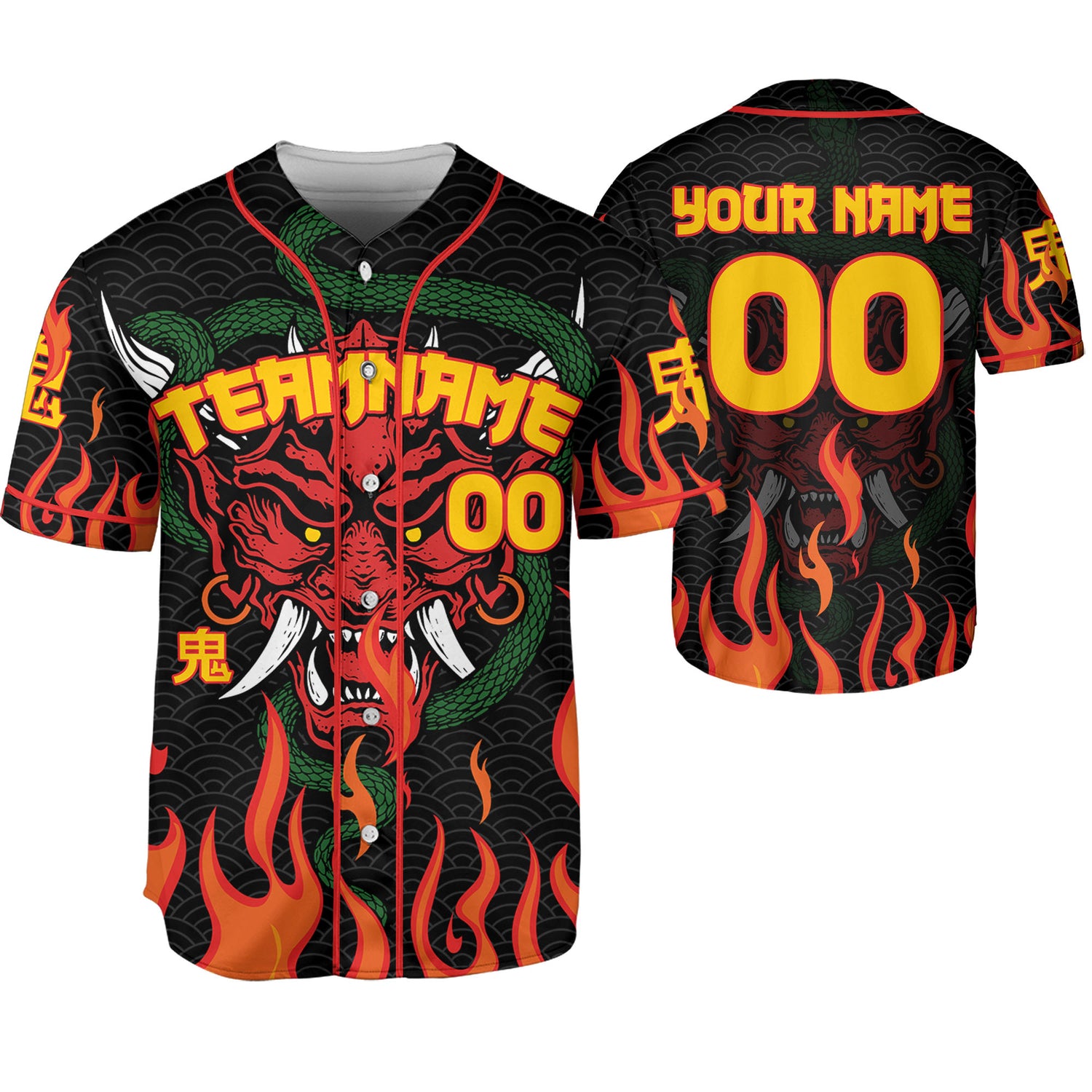 Custom Baseball Team Name And Number Oni Mask With Snake And Fire Red Style