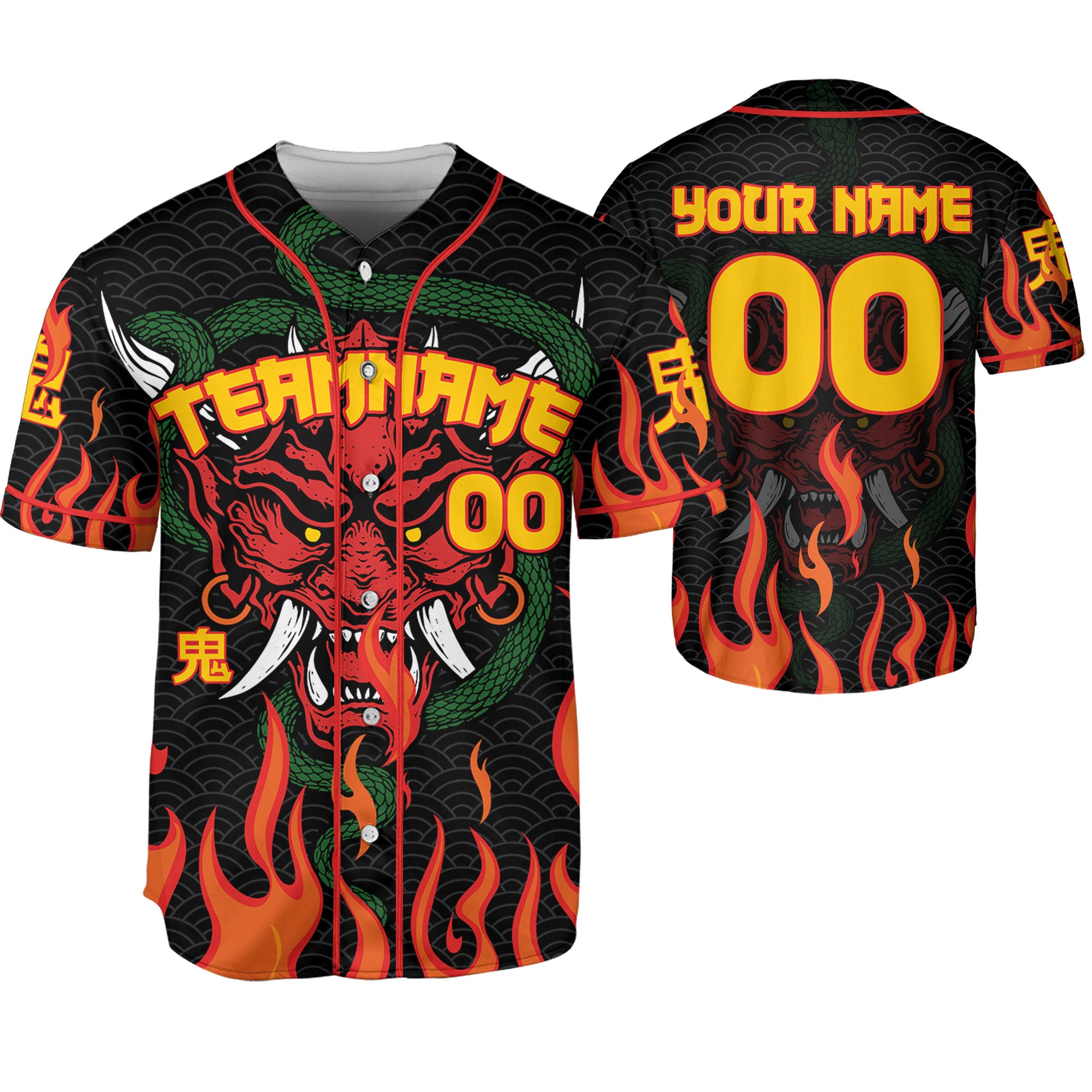 Custom Baseball Team Name And Number Oni Mask With Snake And Fire Red Style