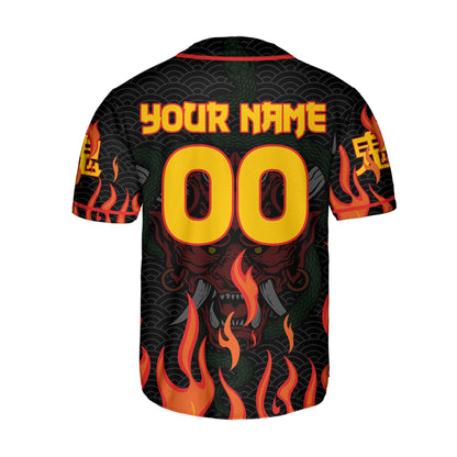 Custom Baseball Team Name And Number Oni Mask With Snake And Fire Red Style