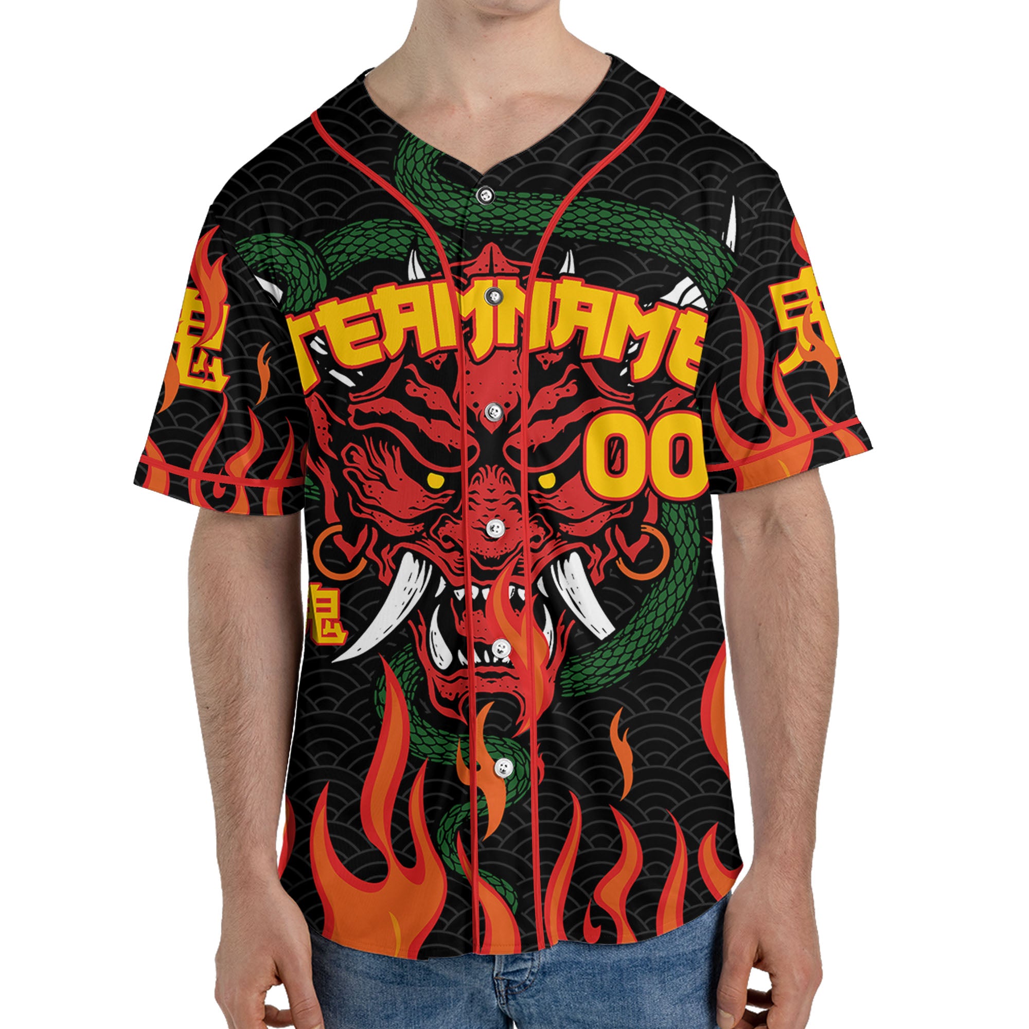 Custom Baseball Team Name And Number Oni Mask With Snake And Fire Red Style