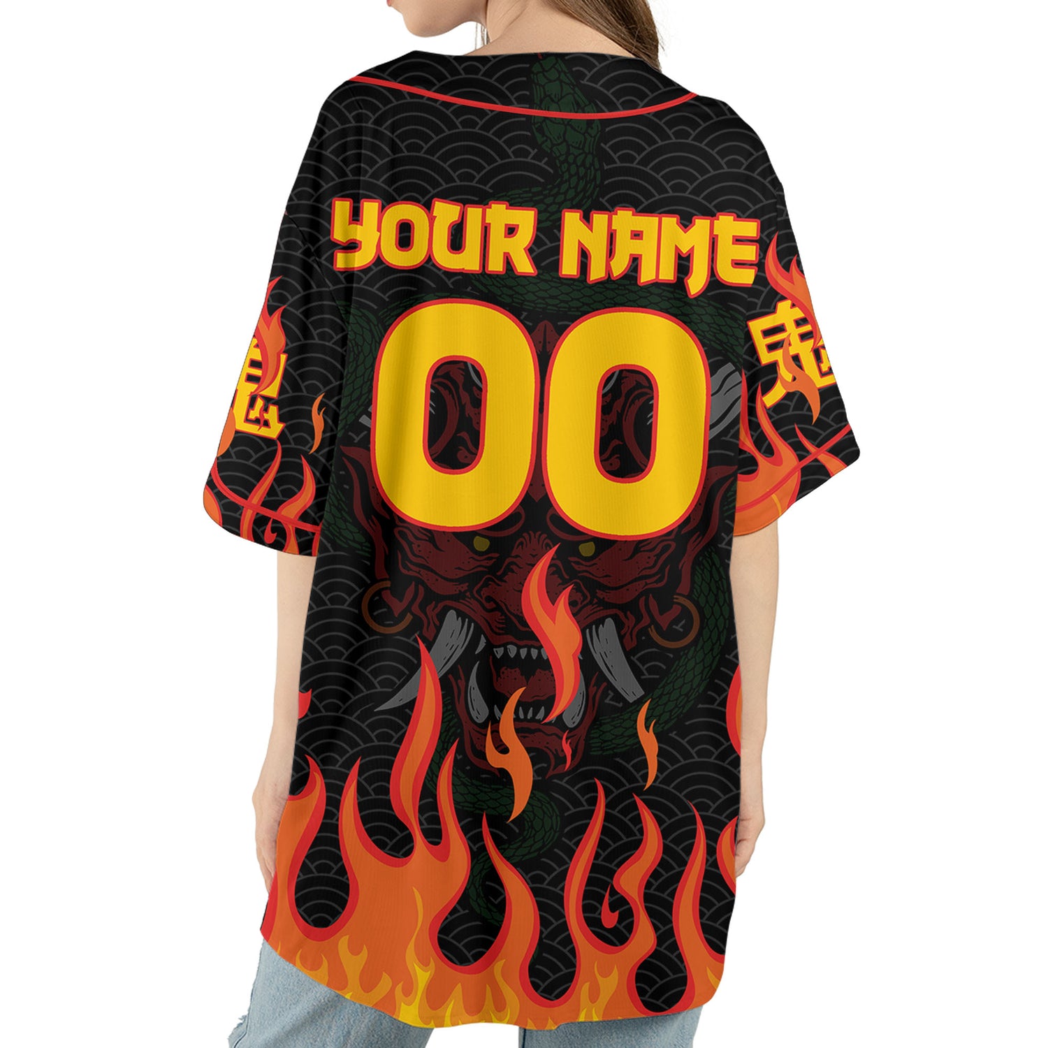 Custom Baseball Team Name And Number Oni Mask With Snake And Fire Red Style