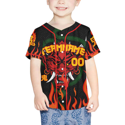 Custom Baseball Team Name And Number Oni Mask With Snake And Fire Red Style