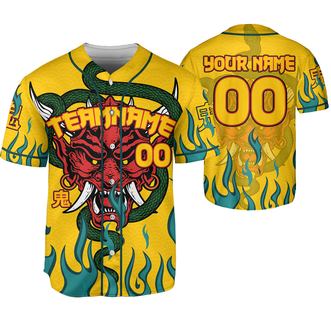 Custom Baseball Team Name And Number Oni Mask With Snake And Fire Yellow Style