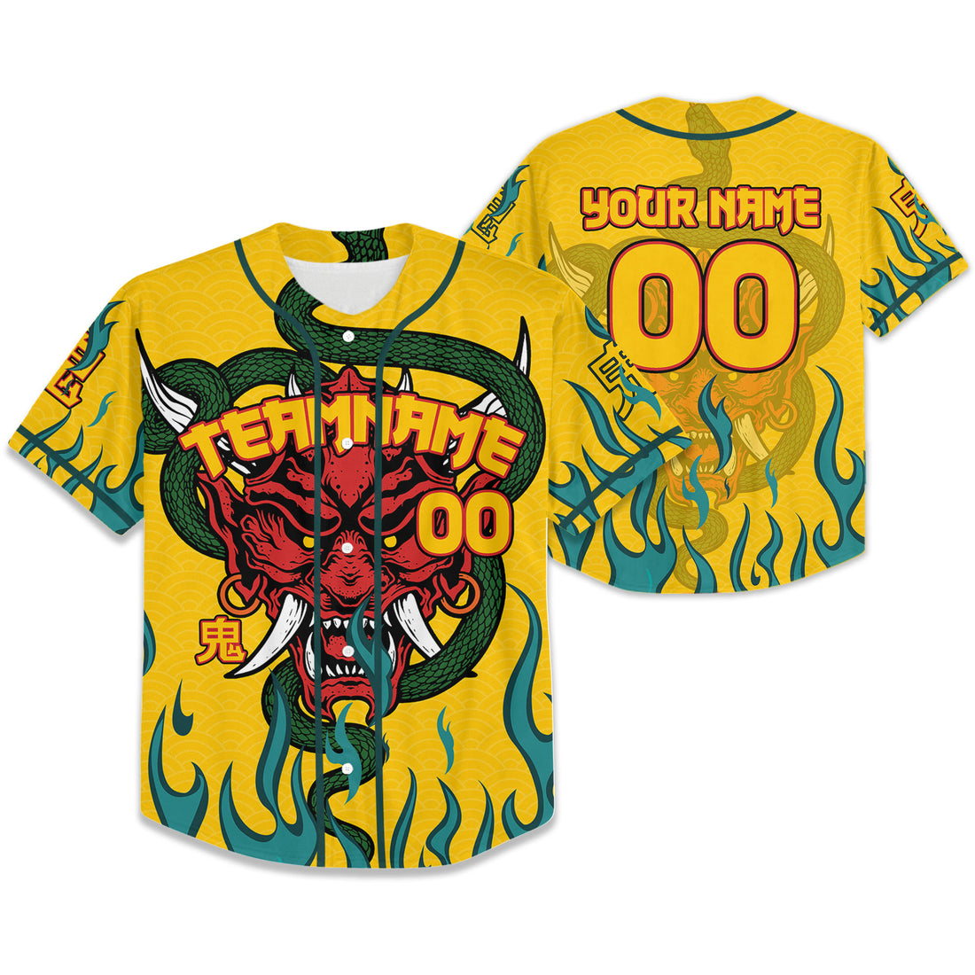 Custom Baseball Team Name And Number Oni Mask With Snake And Fire Yellow Style