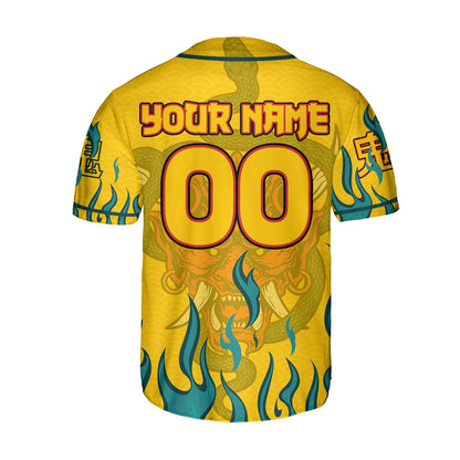 Custom Baseball Team Name And Number Oni Mask With Snake And Fire Yellow Style