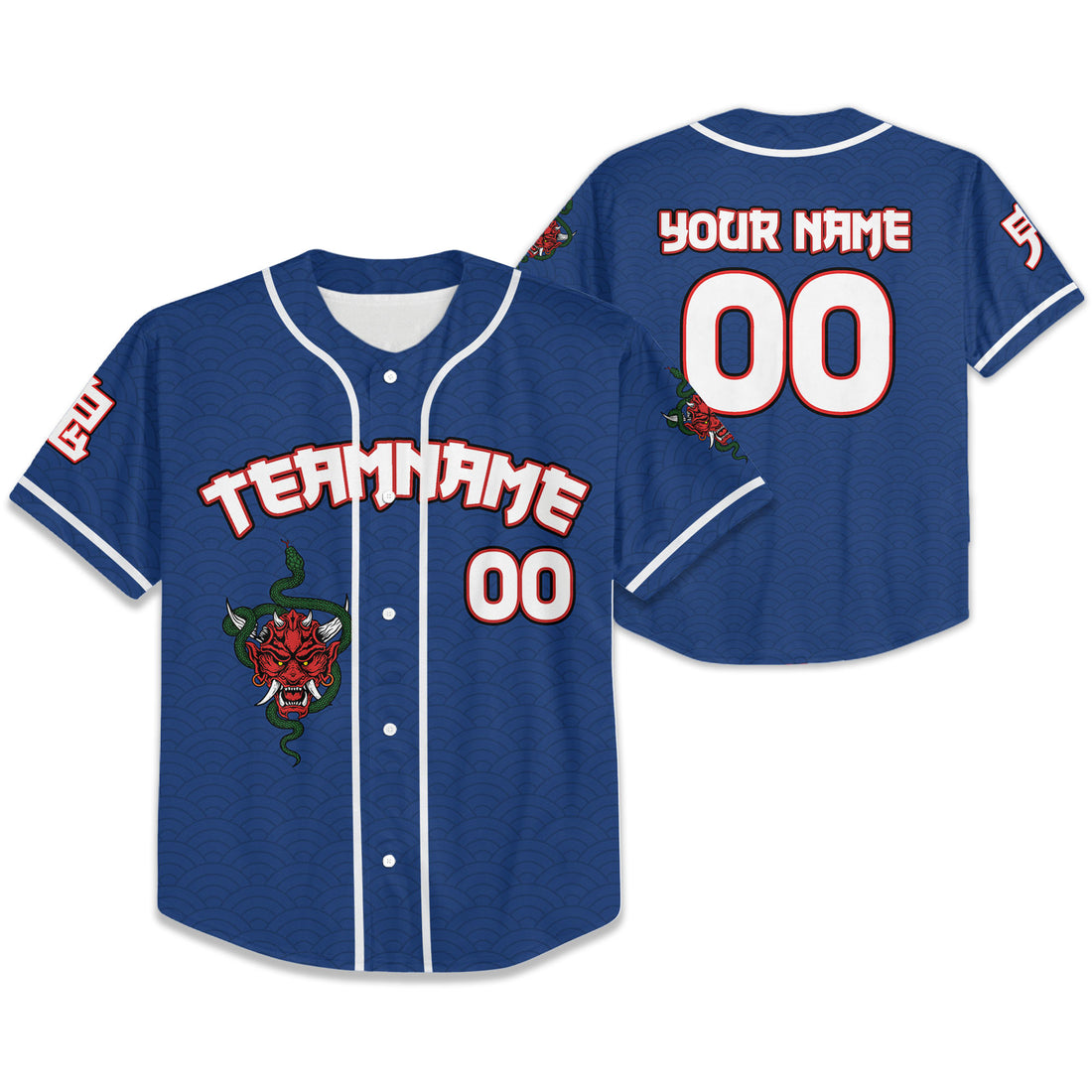 Custom Baseball Team Name Scare Oni Mask And Snake Dark Blue