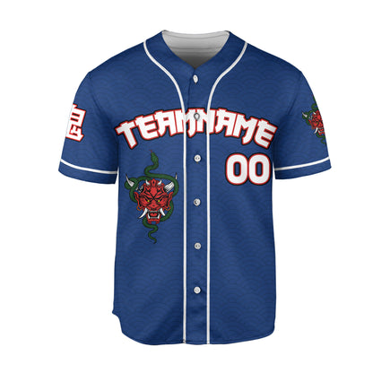 Custom Baseball Team Name Scare Oni Mask And Snake Dark Blue
