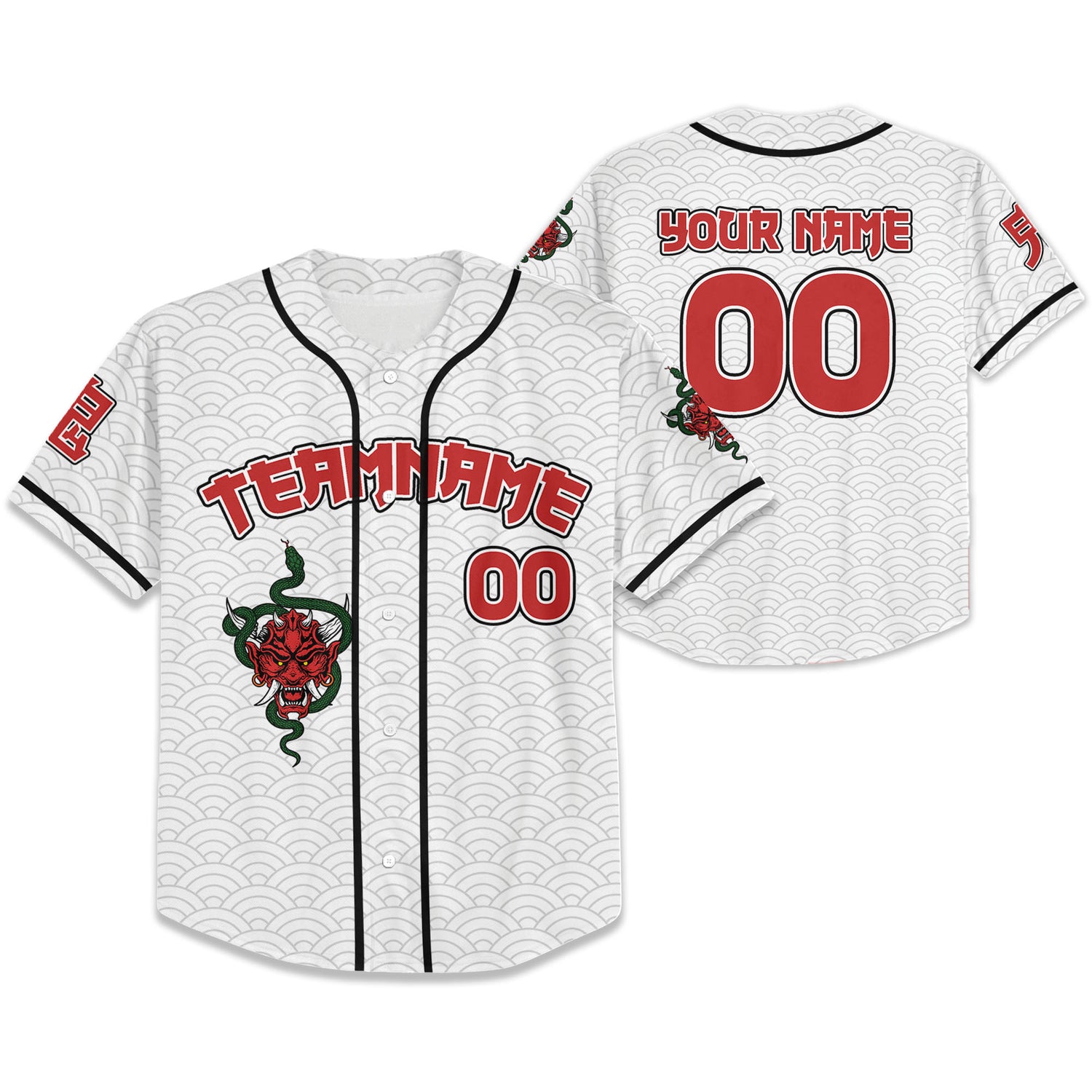 Custom Baseball Team Name Scare Oni Mask And Snake White