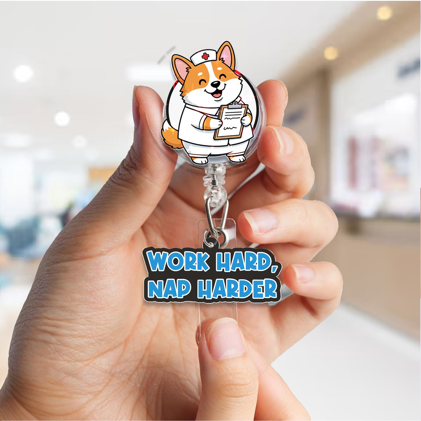 Nurse Corgi Work Hard Nap Harder Badge Reel