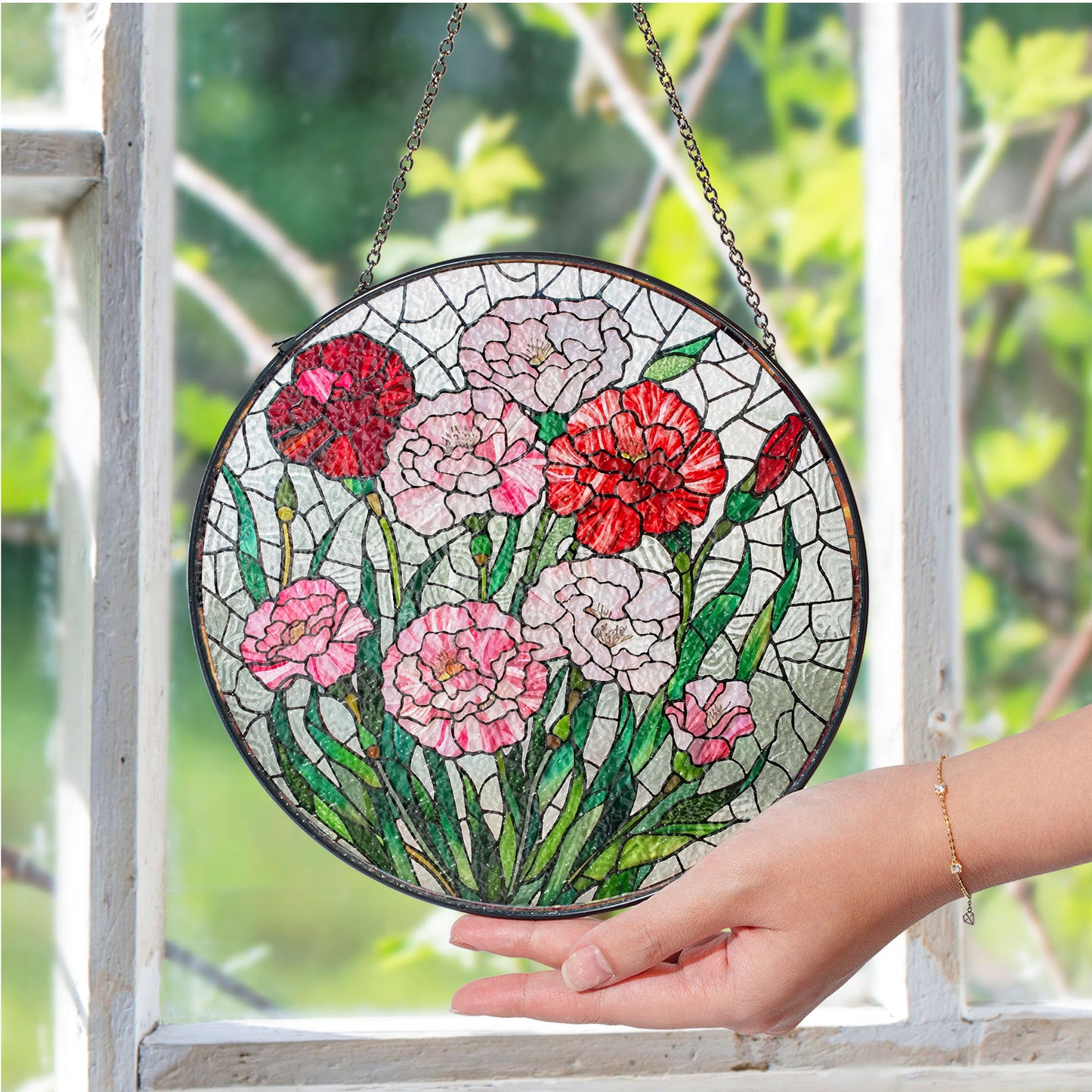 Birthmonth Flower January Carnation Stained Glass Suncatcher
