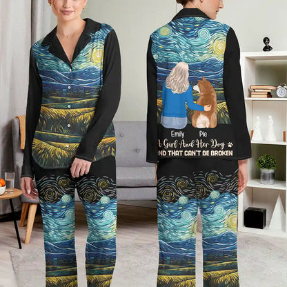 Flower Field A Girl And Her Dog And Cat - Personalized Long Pajamas Set