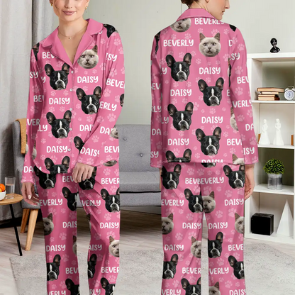 Custom Photo Funny Pet Face Pattern Dog Cat Family - Personalized Long Pajamas Set